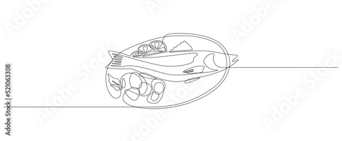 Continuous one line drawing of grilled salmon fish on plate. Roasted seafood dish with lemon and vegetables in simple linear style on top view. Editable stroke. Outline Vector illustration