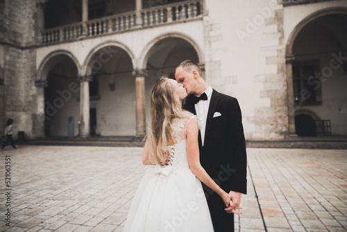 Canvas Print Gorgeous wedding couple walking in the old city