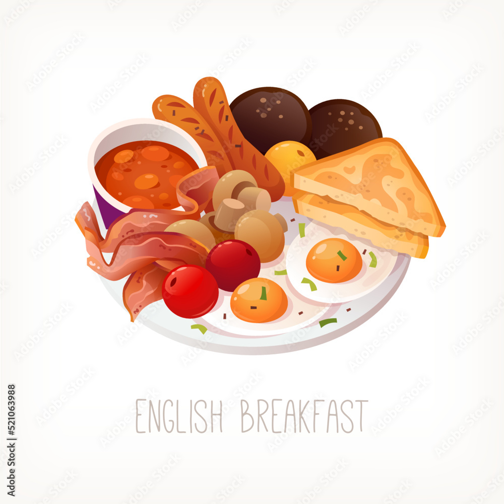 Traditional english breakfast dish with eggs bacon sausages and beans
