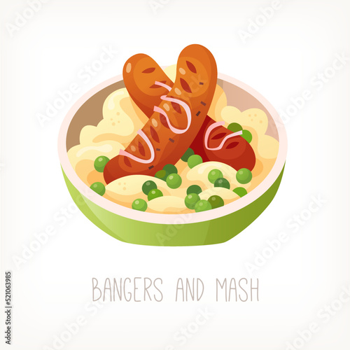 Popular raditional english pub dish with mashed potatoes peas and sausages and onions. Classic british food. Isolated vector image.