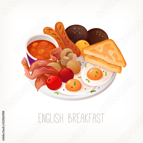 Traditional english breakfast dish with eggs bacon sausages and beans. Most classic british food. Isolated vector image.