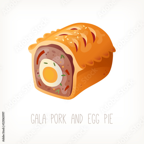 Gala pork pie with boiled egg. Meat snack dish of traditional british cuisine. Isolated vector image.
