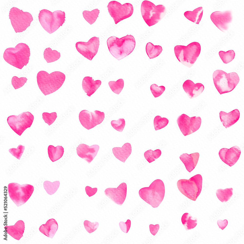 Hand painted watercolor pink cyanotype heart allover seamless pattern on white background