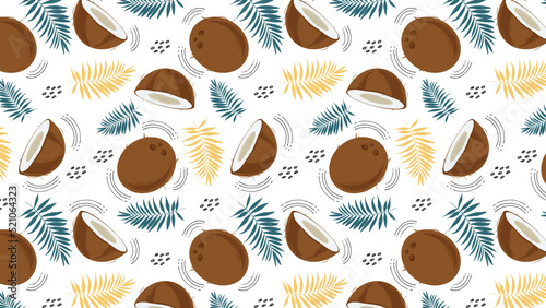Seamless horizontal pattern with coconut, palm leaves and abstract elements, on a white background. Whole coconut and slice. Vector illustration in cartoon flat style.