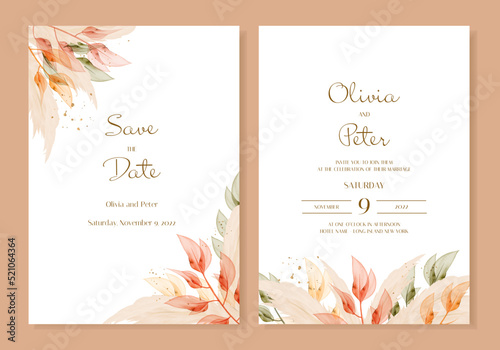 Wedding invitation with autumn flowers and leaves in red, yellow, warm and golden colours with pampas. Elegant editable boho-inspired invitation. Vector