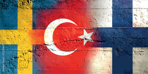 Turkey, Finland and Sweden flag ripped paper grunge background. Abstract NATO membership, politics conflicts, war concept texture background