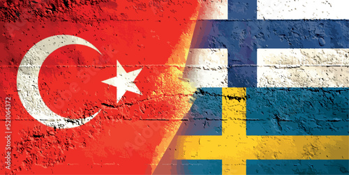 Turkey, Finland and Sweden flag ripped paper grunge background. Abstract NATO membership, politics conflicts, war concept texture background