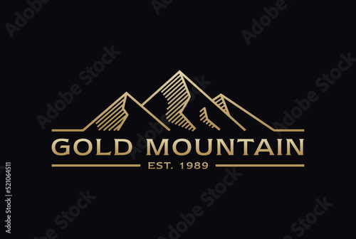 Luxury gold mountain logo design, mountains peak hill vintage emblem logo design vector in line art style premium quality