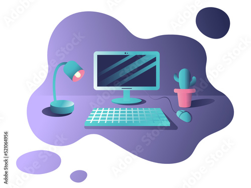 Illustration of the workspace with computer, table lamp and cactus. Flat vector illustration in bright colors.