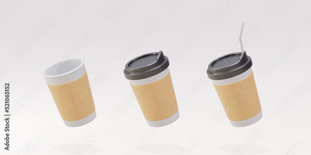 3D set of paper coffee cups with and without a straw on a grey background. vector illustration.