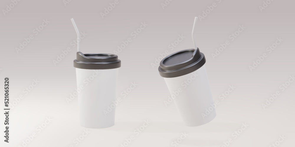 3D white paper coffee cups with a straw. Vector illustration. 3D white paper coffee cups with a straw. Vector illustration.