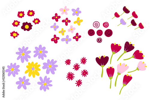 Vector abstract flower set. Color chamomiles isolated on white background. Hand-drawn daisy, tulip, peony rose. Cartoon pink Plant. Fresh bouquet. Symbol of summer, spring, nature. Floral illustration