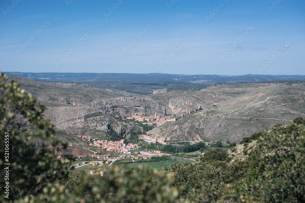 Panoramic view of the medieval town Albarracin and mountains.