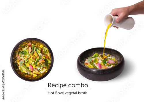 Hot bowl vegetarian, radish, basmati rice, radish, corn, peas, hand pouring a broth on isolated background