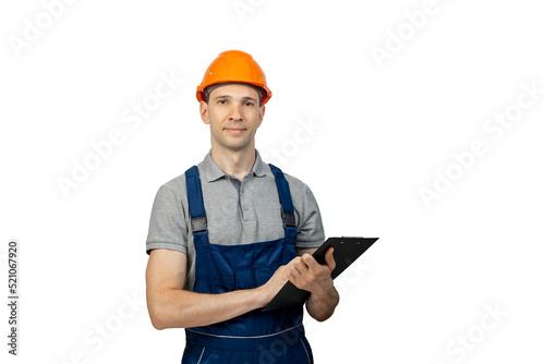 Male construction worker with clipboard isolated on white background.