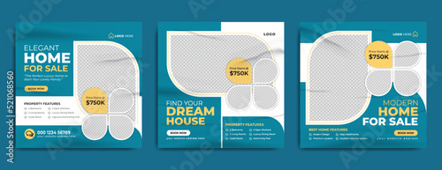 Real estate business marketing social media post or modern home sale web banner template. Luxury house or property rent online advertising flyer. Square poster with abstract geometric background.     