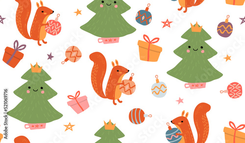 Hand Drawn Childish Seamless Repeat Pattern with Christmas trees,Squirrels and Gifts.Colorful background and texture for printing on fabric and paper.Vector flat cartoon illustration. 
