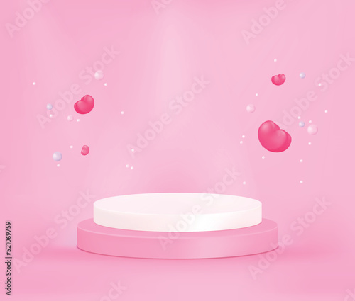 Product display podium with hearts and pearls on pink background, 3D rendering podium. Vector Pink pastel podium minimal style .