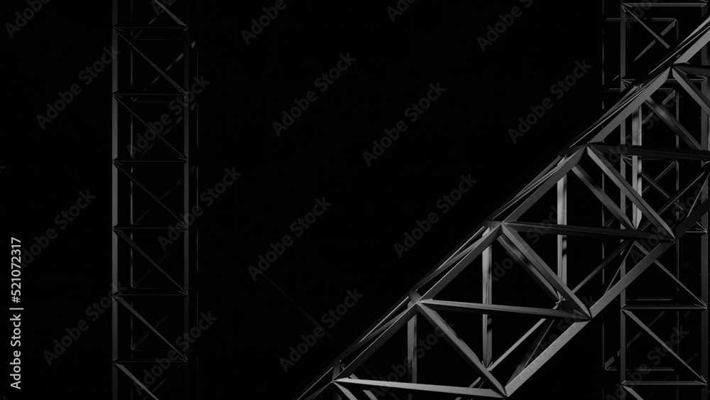 3d metal frames move in dark. Design. Metal building frames are moving into darkness. Construction metal structures move on black background