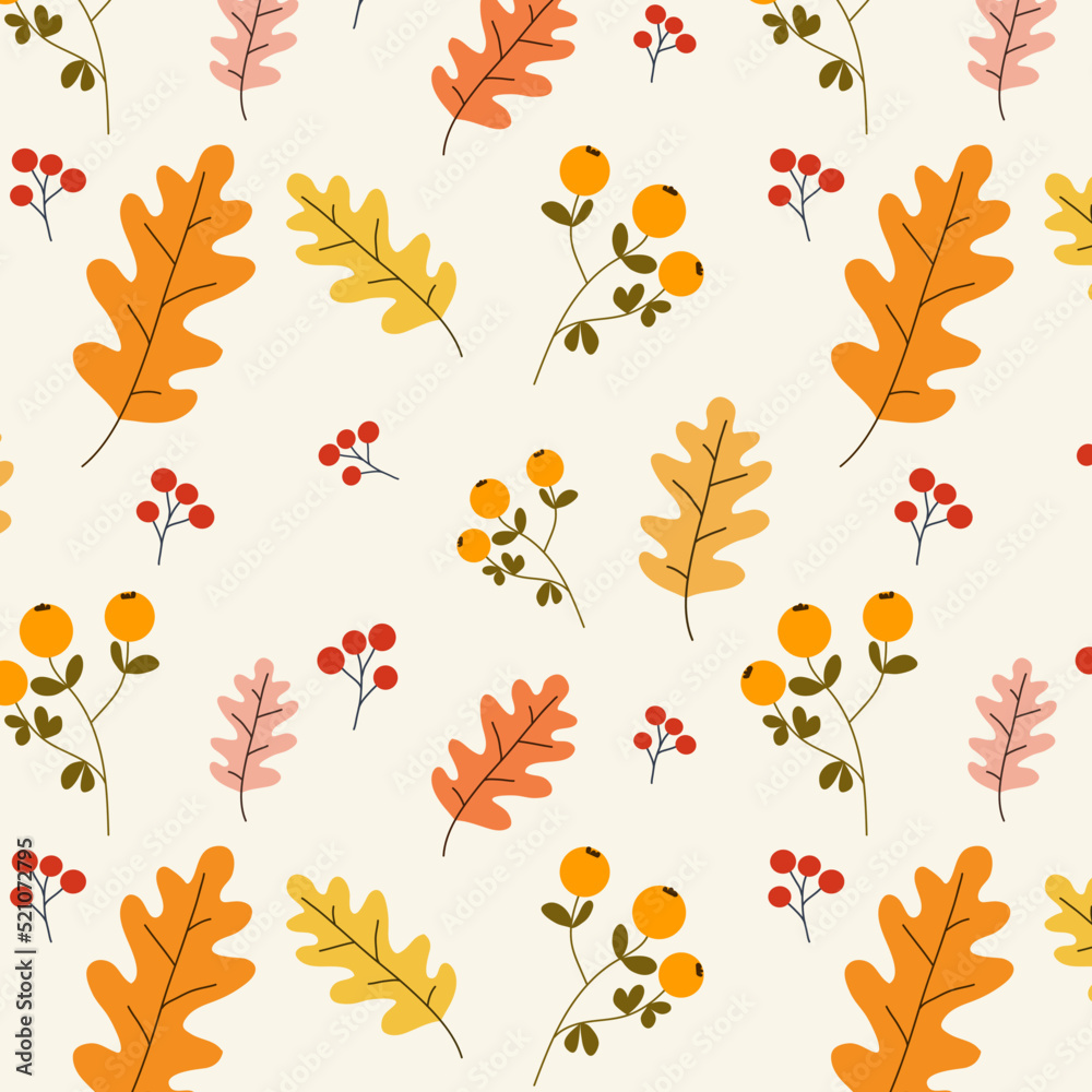 Obraz premium Charming autumn pattern, with yellow leaves, red berries and twigs. Vector seamless pattern on an autumn theme. hand-drawn.