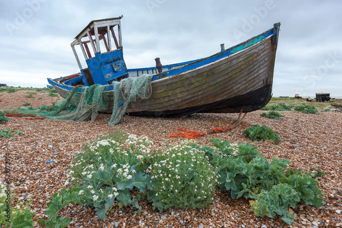 The wreck of an old wooden fishing boat on the shingle beach at Dungeness, Kent, England, UK. Dungeness is one of the largest expanses of shingle in Europe. photo