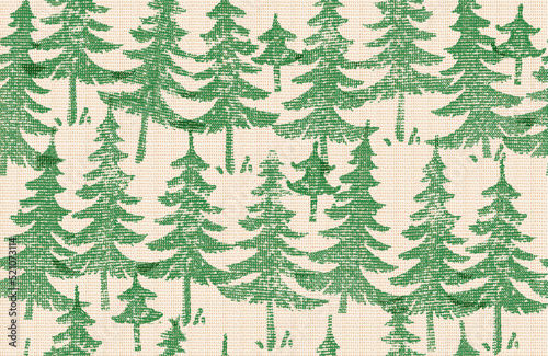 Seamless pattern with Christmas tree silhouettes. Imitation of silk-screen printing or stamp printing on cotton. © Orlovskaya