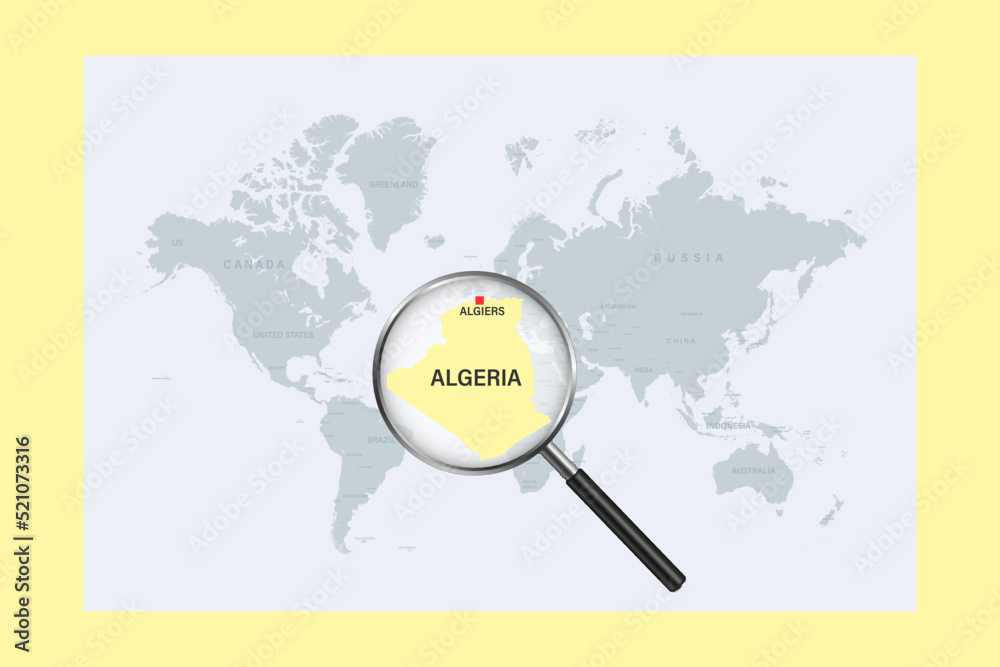 Map of Algeria on political world map with magnifying glass Map of Algeria on political world map with magnifying glass