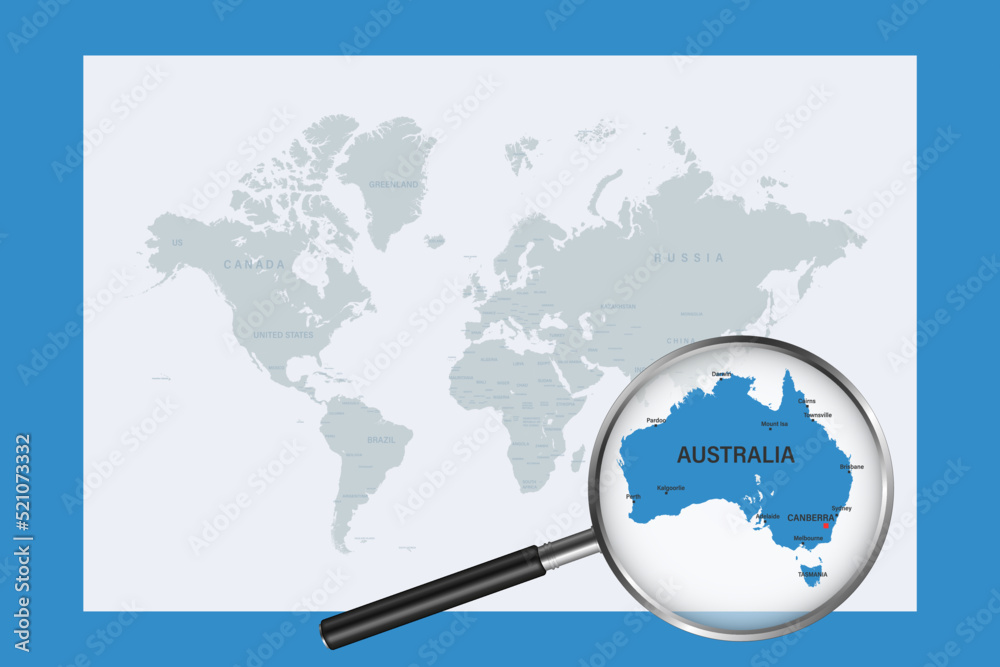 Map of Australia on political world map with magnifying glass Map of Australia on political world map with magnifying glass