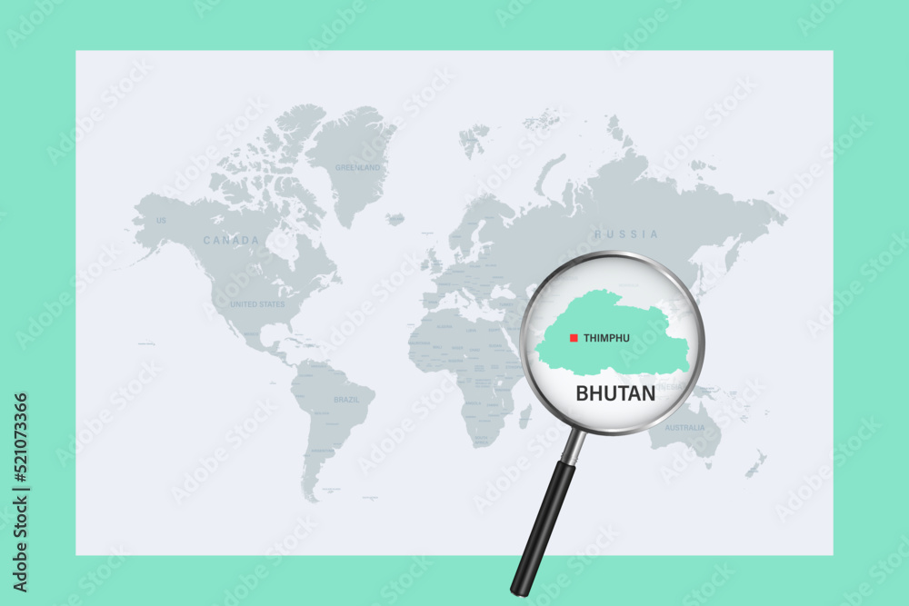 Map of Bhutan on political world map with magnifying glass Map of Bhutan on political world map with magnifying glass