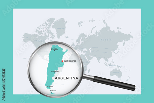 Map of Argentina on political world map with magnifying glass