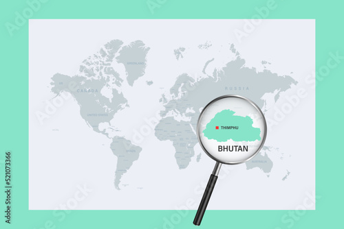 Map of Bhutan on political world map with magnifying glass