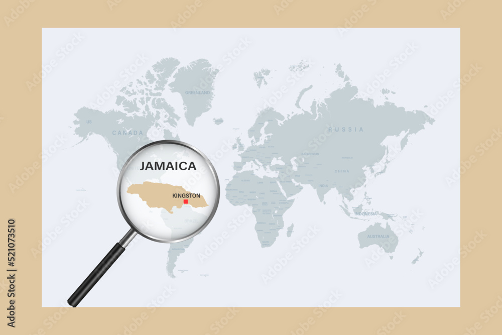 Map of Jamaica on political world map with magnifying glass Map of Jamaica on political world map with magnifying glass