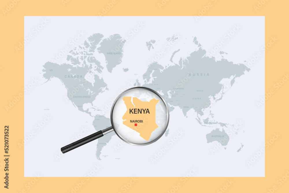 Map of Kenya on political world map with magnifying glass Map of Kenya on political world map with magnifying glass
