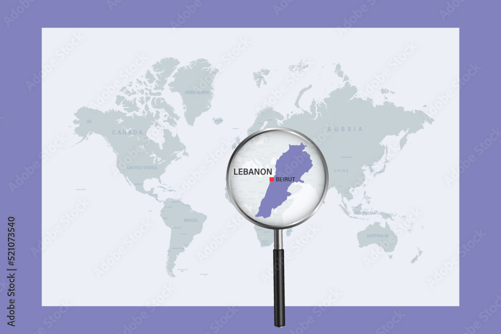 Map of Lebanon on political world map with magnifying glass Map of Lebanon on political world map with magnifying glass