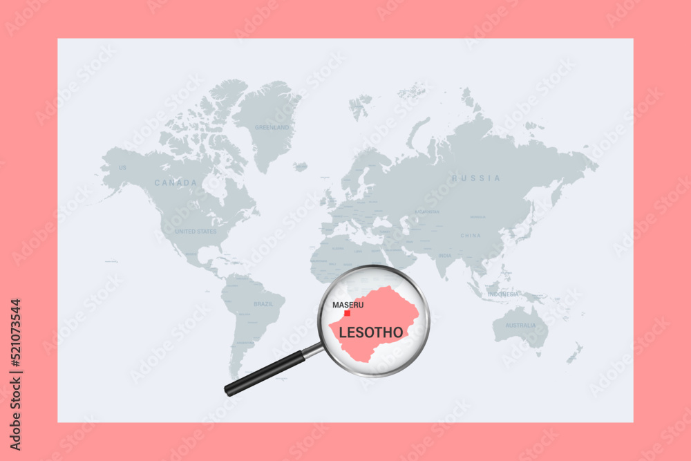 Map of Lesotho on political world map with magnifying glass Map of Lesotho on political world map with magnifying glass