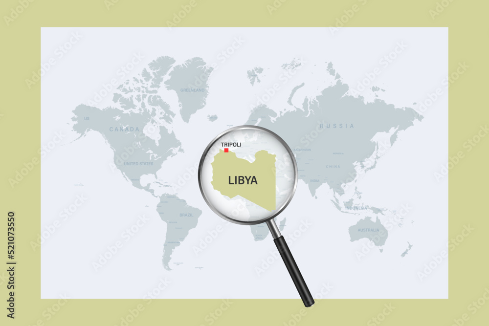 Map of Libya on political world map with magnifying glass Map of Libya on political world map with magnifying glass