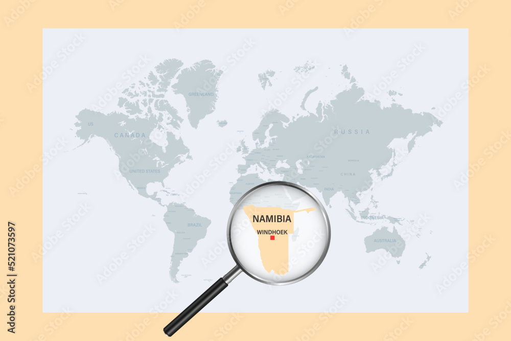 Map of Namibia on political world map with magnifying glass Map of Namibia on political world map with magnifying glass