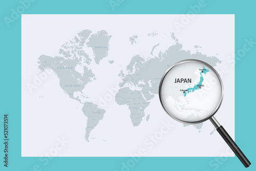 Map of Japan on political world map with magnifying glass