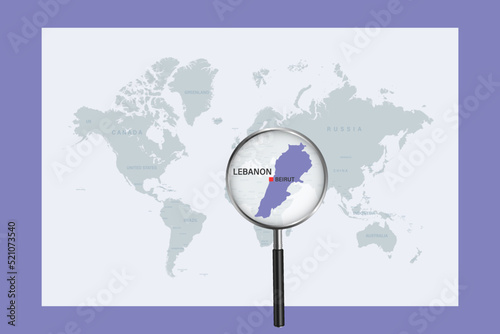 Map of Lebanon on political world map with magnifying glass