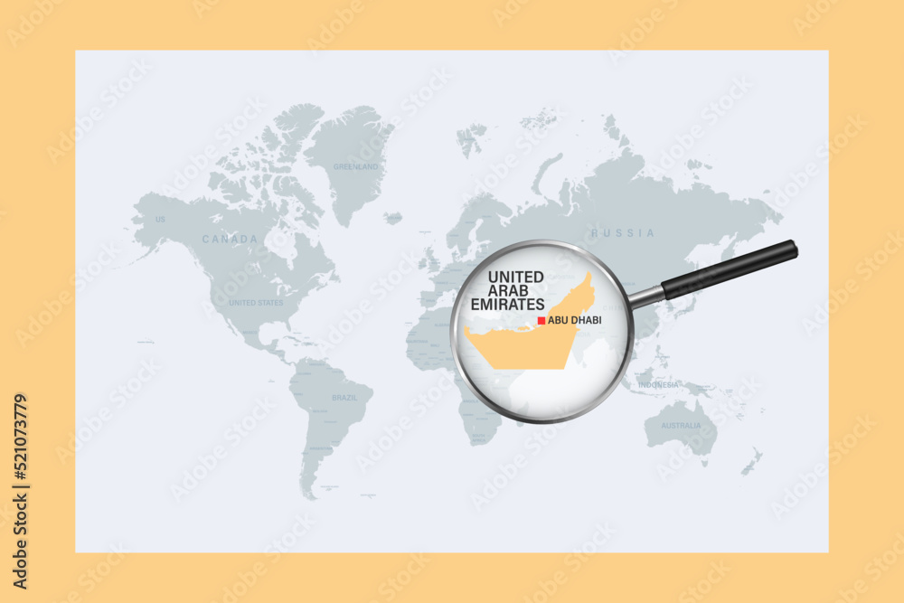 Map of United Arab Emirates on political world map with magnifying ...