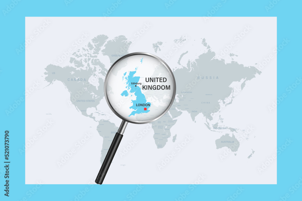 Map of United Kingdom on political world map with magnifying glass Map of United Kingdom on political world map with magnifying glass
