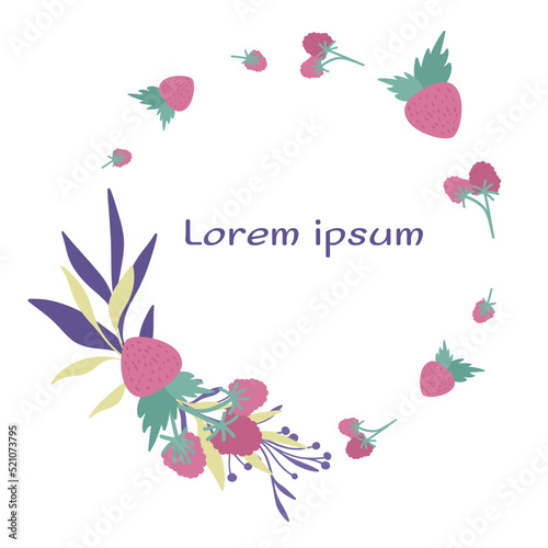 Circle frame decorated by berries. Strawberry wreath. Vector illustration.