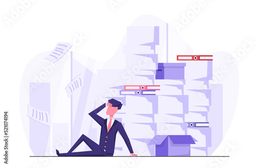 A lot of work. A businessman sits in a mountain of documents and doesn't know what to do