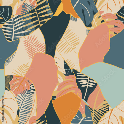Kintsugi vector seamless pattern with leaves and lines. Broken stylized Japanese ornament in modern design. Colorful abstract Asian background with asymmetric tiles