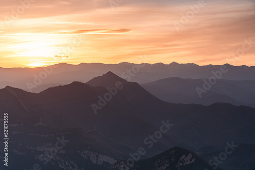 Sunset silhouette over mountains (Alta Garrotxa, Spain)