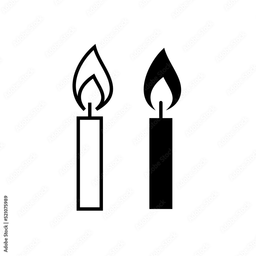 Candle icon. Stylized burning fire. A symbol of light, romance or mourning. Isolated vector illustration on a white background.