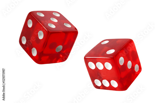 Red pair of casino dice rolled a seven with each die rolling a five and two isolated on white background with clipping path cutout concept for games of chance, taking a risk and luck in gambling