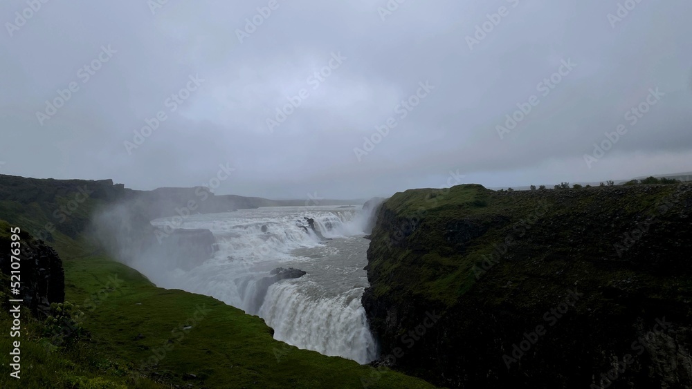 Gulfoss waterfall in the mountains of Iceland in the fog