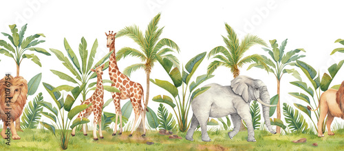 Beautiful tropical horizontal seamless pattern with hand-painted watercolor animals and palm trees. African animals: giraffe, elephant, lion. Botanical art.