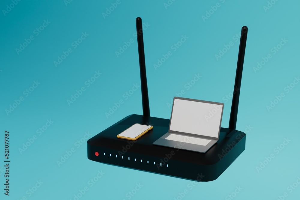 Fototapeta premium high-speed mobile and wireless internet for a laptop. modem for signal distribution. Internet payment online.smartphone and laptop on a black modem on a turquoise background.3d render. 3d illustration